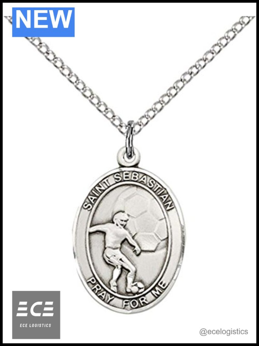 Sterling Silver St. Sebastian Soccer Pendant Necklace 18 Inch Curb Chain